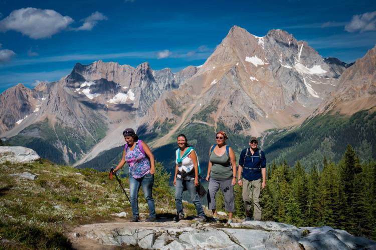 Lily Joseph, Glinda Joseph, Michele A. Sam and Joe Pierre on 2016 East-West hike to Jumbo Pass, (in Qatmuk, sacred valley of the grizzly bear spirit) by members of Wildsight, Jumbo Creek Conservation Society, Ktunaxa Nation and Keep Jumbo Wild supporters from both East and West Kootenays.
